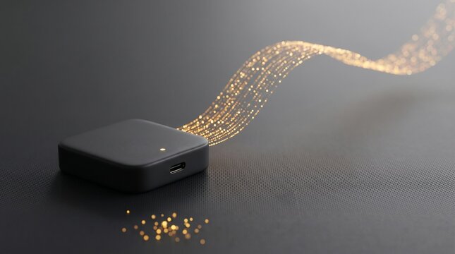Electronic device transmitting digital data. Minimalist tech gadget emitting glowing golden light streams representing wireless connection. High speed internet and cloud computing concept.