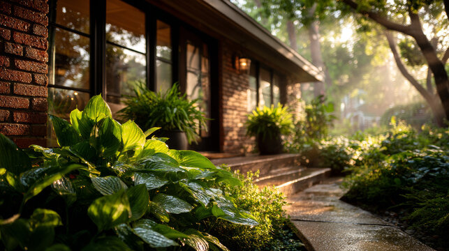 Low angle view of a dark brick modern home with wet concrete path and lush green hostas featuring morning dew droplets.