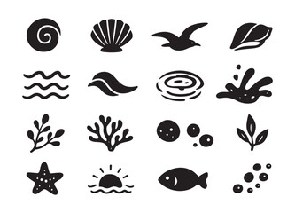Fototapeta premium Black ocean icons set minimal marine symbols silhouette shells waves coral fish flat vector collection