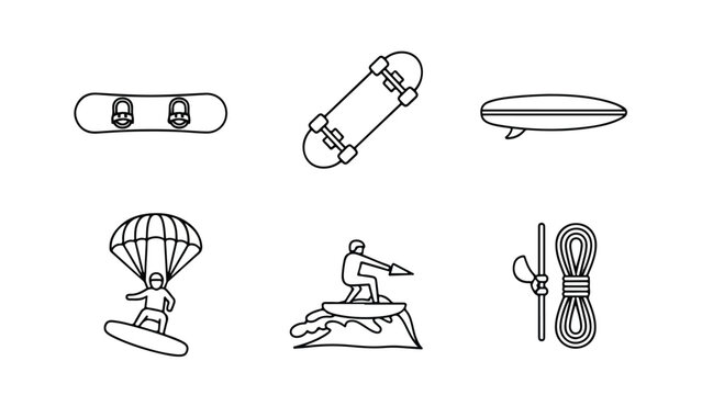 Collection of various outdoor and recreational activity icons including skateboard skateboarder parasail boat