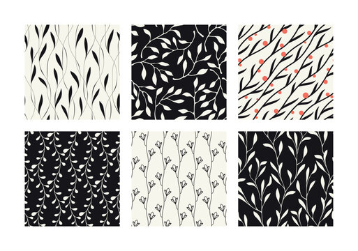 Vector seamless pattern set. Abstract floral tiles. Natural monochrome design. Creative background with branches and flowers. Creative spotty prints. Decorative organic swatches.