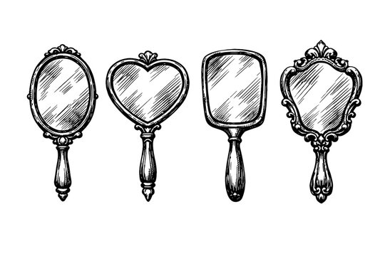 Set of four vintage hand mirrors in classic shapes including heart, oval, and ornate designs. Hand-drawn black ink sketch vector illustration of antique handheld vanity mirrors with handles.