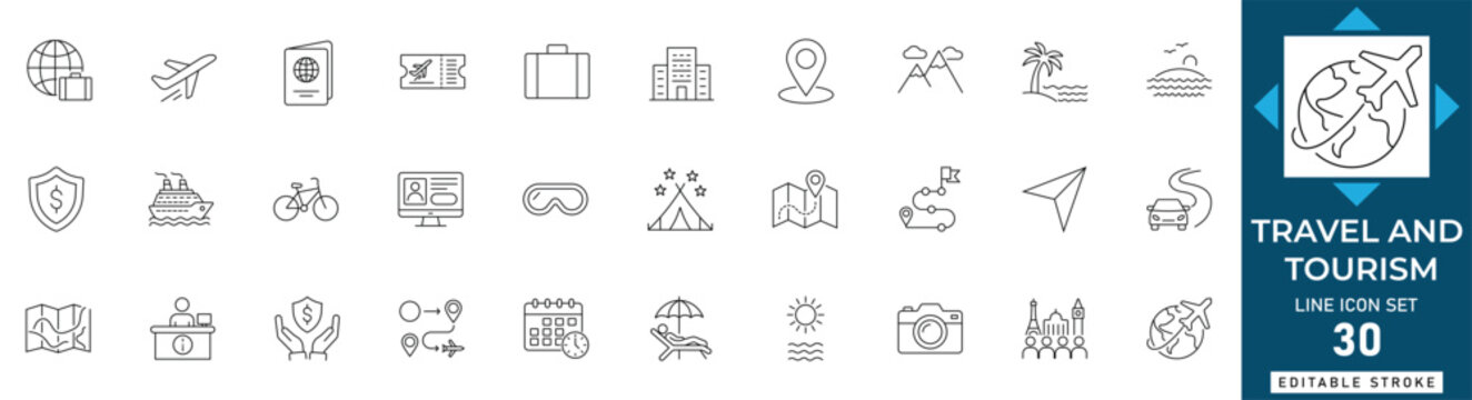 Travel tourism line icon set featuring vacation, holiday, trip, world, flight, hotel, suitcase, and destination. Professional editable vector illustration.

