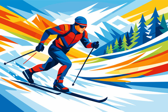 Dynamic cross-country skiing graphic art poster featuring a male athlete racing through a vibrant, multicolor snowy mountain landscape with abstract geometric patterns, pine trees, and energy.