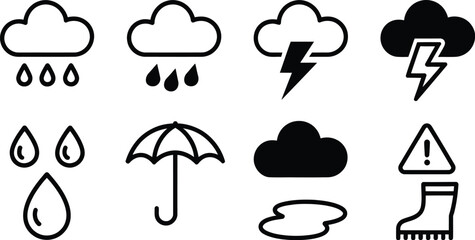 Obraz premium Weather icons set rain lightning umbrella boots vector illustration for forecasting climate and seasonal outdoor conditions design