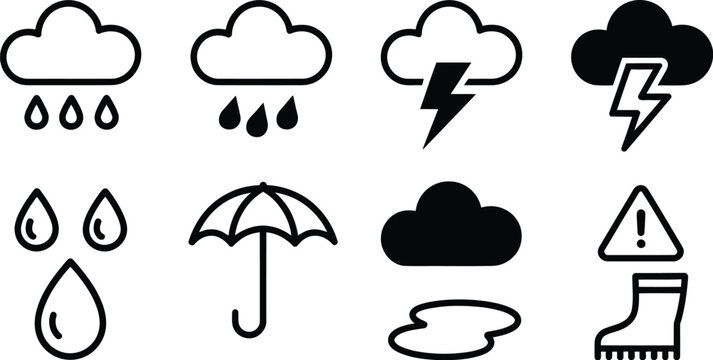 Weather icons set rain lightning umbrella boots vector illustration for forecasting climate and seasonal outdoor conditions design