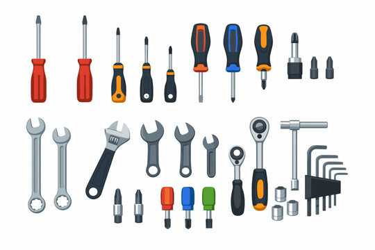 Collection of Professional Hand Tool Icons Featuring Screwdrivers, Wrenches, Ratchets, Sockets, and Hex Keys. Flat Vector Illustration Set for Repair, Maintenance, DIY Projects, and Construction.