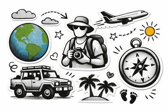 Retro travel and tourism halftone collage with paper cut-out stickers featuring Earth globe, anonymous tourist, airplane, compass, off-road SUV, palm trees, and sun on a white background.