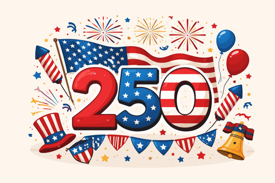 United States 250th Anniversary Celebration Vector Illustration Featuring Patriotic American Flag, Fireworks, Liberty Bell, and Uncle Sam Hat for USA Semiquincentennial Independence Day Festival.