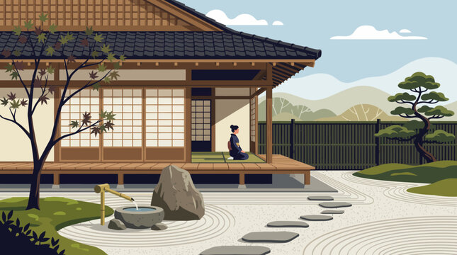 Traditional Japanese house with stone pathway.