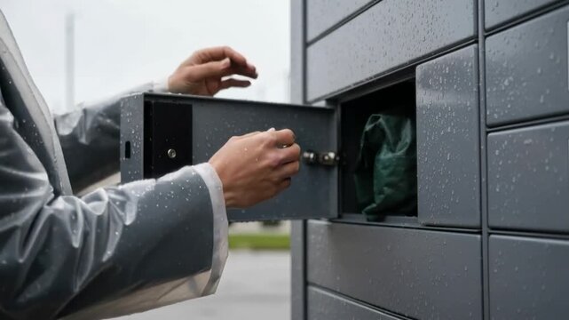 Hands in raincoat gently place a waterproof parcel bag into a modern parcel machine in light rain