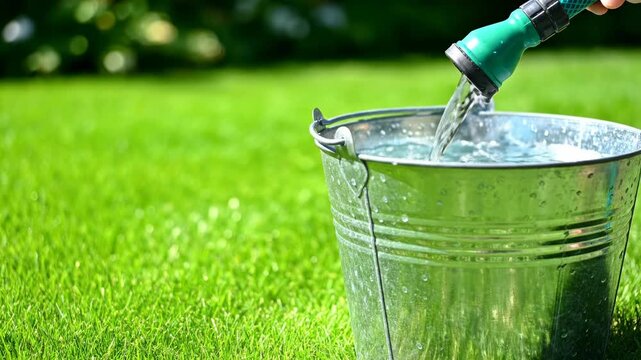 Pouring fresh water from a garden hose into a metal bucket on a green lawn. Gardening and ecology concept
