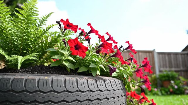 Red petunias growing in an old repurposed car tire in a garden. Creative upcycling and eco-friendly gardening