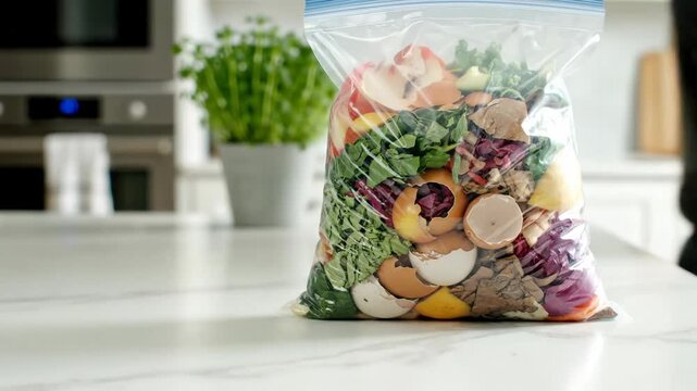 Hands placing a bag of food scraps on a kitchen counter. Collecting organic waste for composting in a clear plastic bag. Sustainable home ecology concept