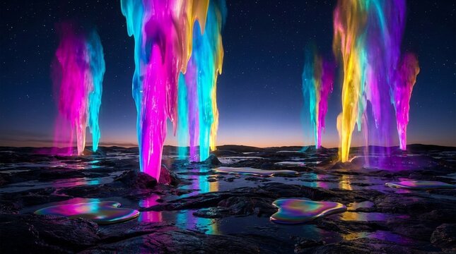 Surreal Fantasy Landscape with Erupting Liquid Rainbo Geysers at Twilight, Abstact Colorful Background