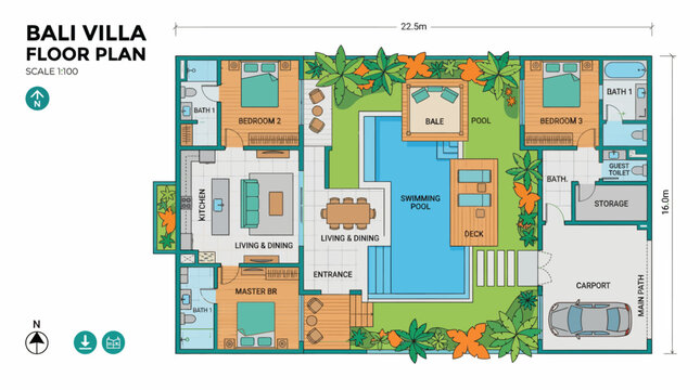 Bali Villa Floor Plan Blueprint Design.
