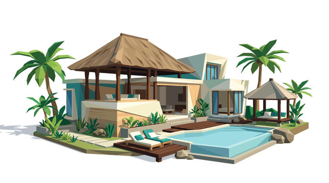 Tropical house with pool and palm trees.