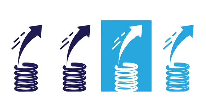 Set of four colorful arrow icons pointing upward with stacked coin base representing growth and financial success