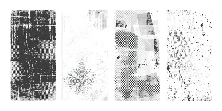 Abstract black and white patterns with varying textures and pixelation, creating a distressed and grunge aesthetic.