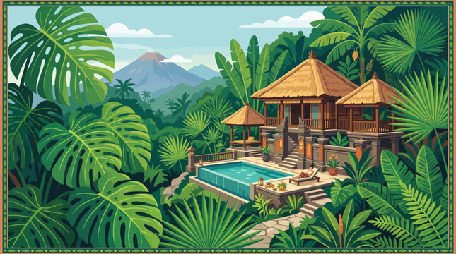 Tropical house with brown roof.