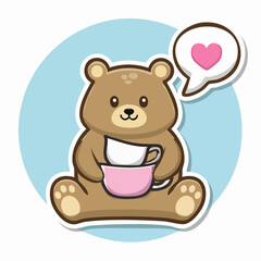 Obraz premium Cute Teddy Bear Holding Coffee Cups with Heart Symbol