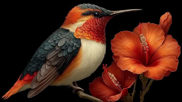 Colorful hummingbird perched by orange hibiscus flowers on black background