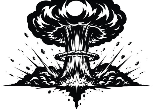 Atomic nuclear explosion mushroom cloud silhouette, dramatic black and white blast impact vector illustration