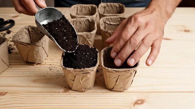 Close-up of male hands using a metal scoop to fill biodegradable paper pots with dark potting soil. Preparing for spring planting on a wooden table. Eco-friendly home gardening concept
