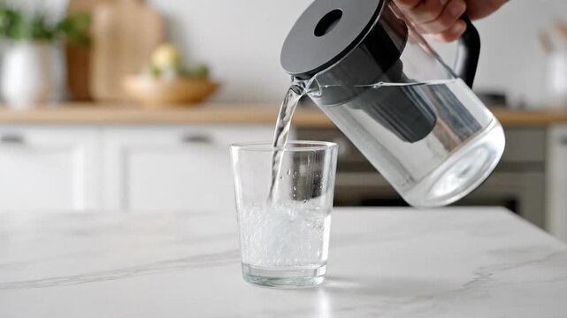 Hand pouring fresh clean water from a filter pitcher into a clear glass on a white marble kitchen counter. Home water purification and healthy hydration concept