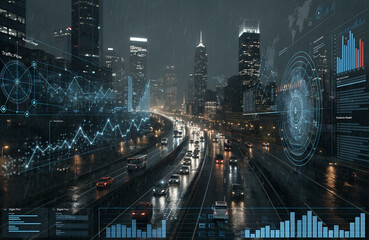 Obraz premium smart city traffic management at night with data visualization hud interface on highway for urban transportation and digital infrastructure analytics