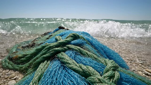 Close-up of a fishing net being dragged through ocean water. Thick green and blue rope in the shallow sea waves. Marine ecology and ocean cleanup concept