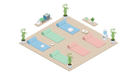 A tranquil isometric yoga studio space features light wood flooring decorated with colorful exercise mats and vibrant green bamboo plants in white pots. © Uzzi