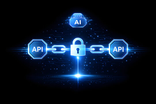AI securing API connections illustration with encrypted link and protected integration