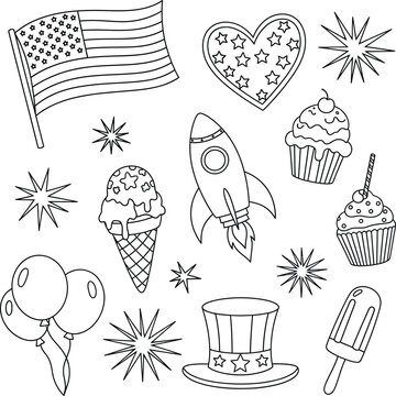 Fourth of july doodle collection patriotic symbols and summer treats