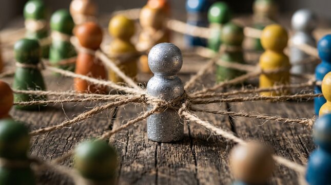 Conceptual network of small wooden peg figures connected by rustic twine features a prominent sparkling metallic silver central character.
