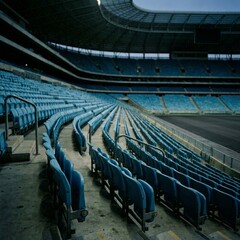 Naklejka premium Rows of blue stadium seats curve upward under open roof structure