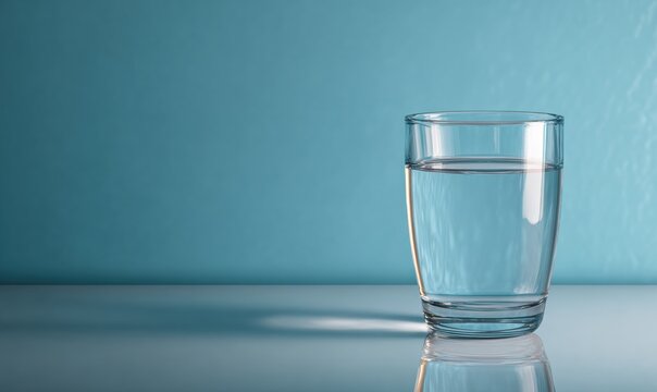 Glass filled with water against blue wall