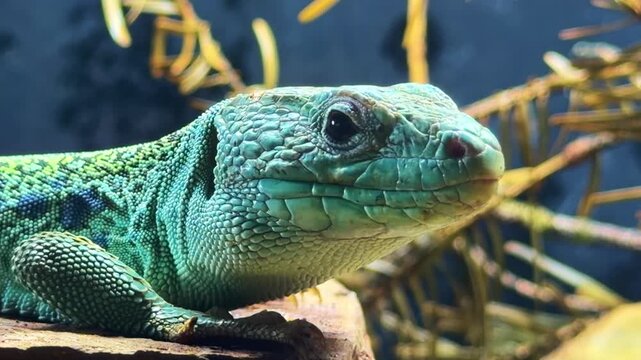 Close up of green ocellated lizard observing surroundings with detailed scales