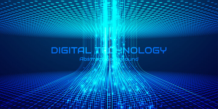 Digital technology data stream tunnel with glowing blue lines and dotted grid floor, futuristic big data network abstract technology background