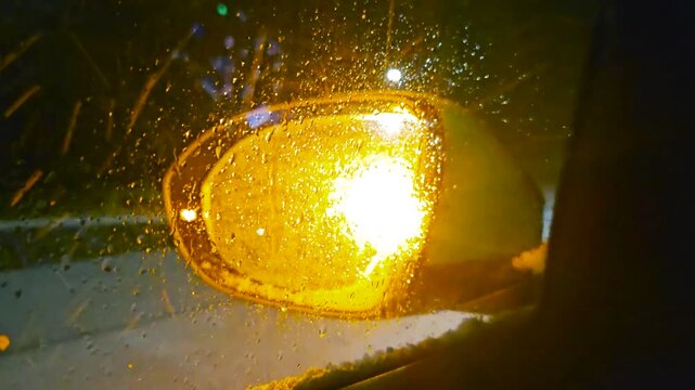 Emergency vehicle lights flashing in a car's side view mirror with water droplets and snow during a dark winter night, creating a sense of urgency and danger on the road