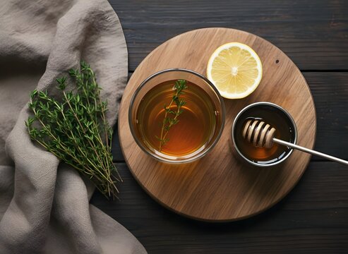 Fresh thyme tea in glass cup, bunch of herb, honey and lemon on wooden table, flat lay. Space for text, Natural & Wellness