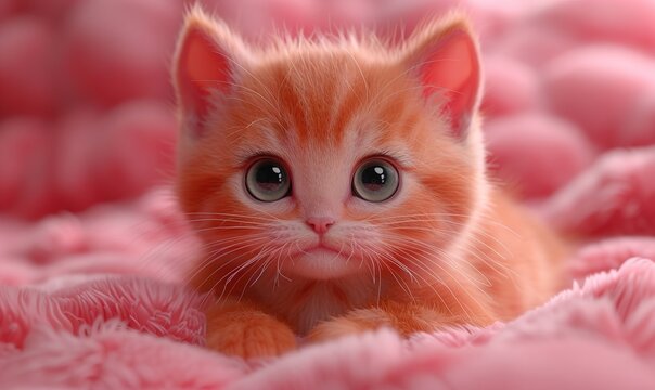 A cute orange kitten lying on a pink fluffy blanket looking directly at the camera