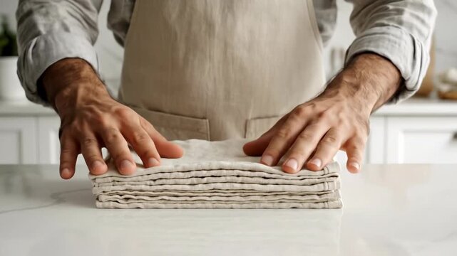 Hands stacking folded linen napkins on a marble kitchen counter. Sustainable home lifestyle and eco-friendly textile concept. Mindful domestic organization