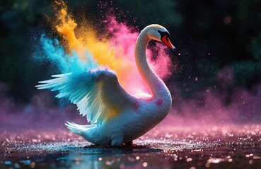 Naklejka premium White swan with wings spread covered in colorful powder clouds. Bird stands in shimmering water, creating magical, vibrant, fantasy atmosphere. Nature scene with bright, artistic, dreamlike elements.