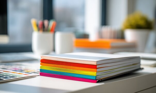 Vibrant notebook stack on clean desk surface