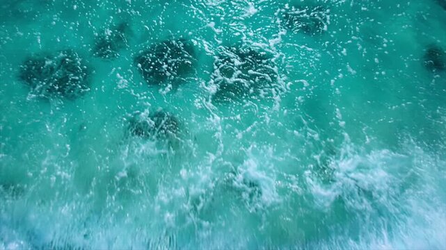 ターコイズ色の潮だまり・水面コースティクス光模様マクロ映像