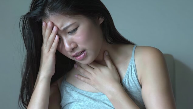 Asian woman suffering from Anemia feeling dizzy and vertigo , weakness and shortness of breath