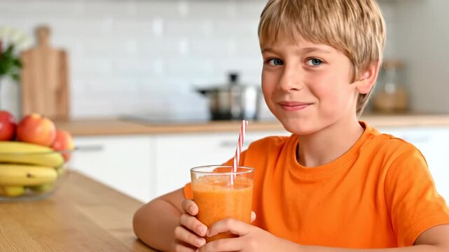 Young boy drinking fresh orange juice through a straw in the kitchen. Happy child enjoying a healthy fruit smoothie. Nutrition and wellness for kids