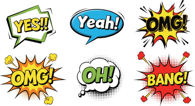 Pop art comic speech bubbles with YES, YEAH, OMG, OH and BANG text, colorful retro comic book explosion vector illustration set