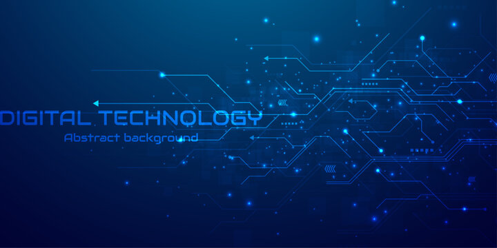 Digital technology circuit background with glowing blue arrows and connections, futuristic data network and innovation tech wallpaper